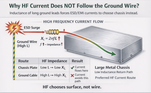 High-frequency current flowing along a low-inductance metal chassis instead of a long ground wire