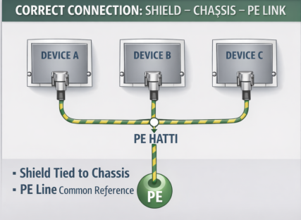 Cable shields bonded to the chassis and linked to a common protective-earth reference