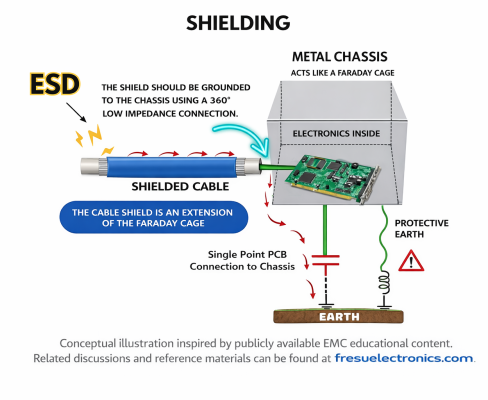 Cable shield bonded to a metal chassis with a 360-degree circumferential connection