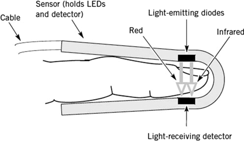 Pulse oximeter probe showing red and infrared LEDs and the light-receiving detector