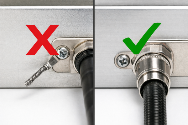 Incorrect pigtail shield termination compared with a correct circumferential cable-gland termination