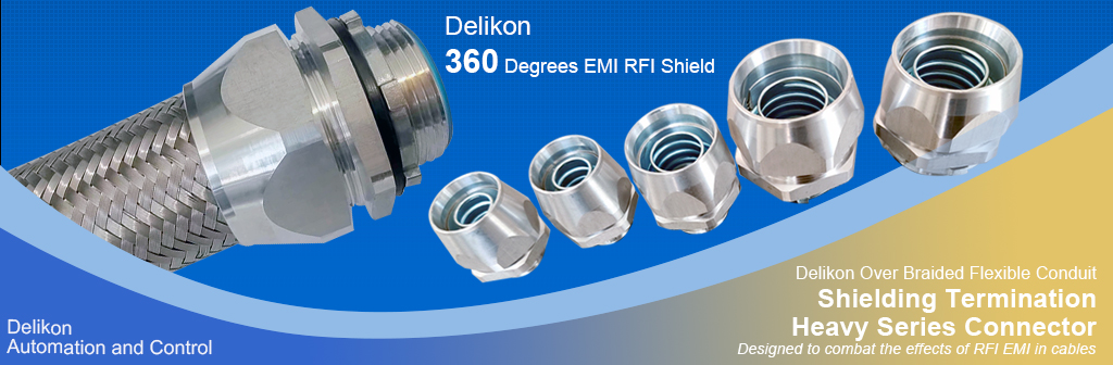 Delikon 360-degree EMI and RFI shield-termination connectors